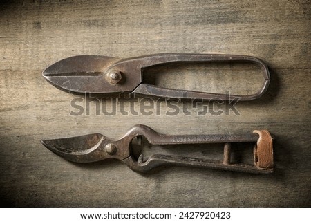 Close up of a pair of old disused pliers on a work bench. Royalty-Free Stock Photo #2427920423