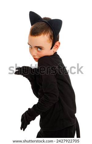 Boy dressed as a black cat, different emotions. White background. Purim, Halloween