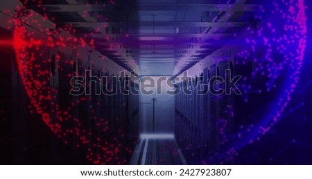 Image of shapes moving and globe over server room. Global business and digital interface concept digitally generated image.