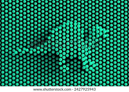 Physical pixel art - prehistoric dinosaur. Lots of green pixel details. Symbolic abstract background or backdrop. Optical illusion. Photo. Close-up