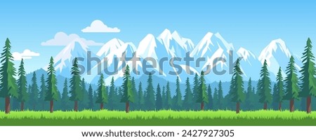 Forest and mountains. Beautiful panoramic landscape of a forest with pine trees, green grass against the backdrop of high mountains with snow-capped peaks and a blue sky with clouds. Royalty-Free Stock Photo #2427927305