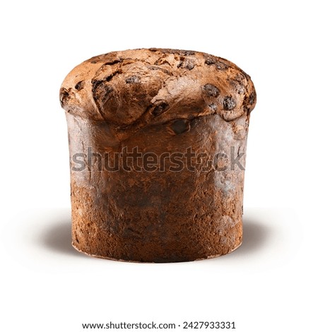 Panettone, an Italian type of sweet bread loaf, with chocolate chips, usually prepared and enjoyed for Christmas and New Year. Isolated on white background.  Royalty-Free Stock Photo #2427933331