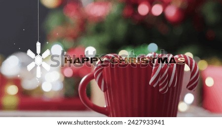 Image of happy christmas text over snowflake and christmas tree background. Christmas, tradition and celebration concept digitally generated image.