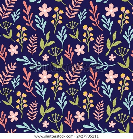 Vector floral pattern in hand drawn style with flowers and leaves. Gentle, spring floral background.