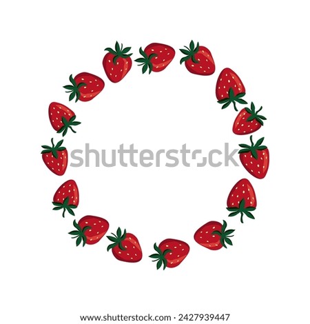 Red strawberry summer hand drawn fruit circle wreath for card or invite. Vector sweet food clip art, isolate on white background.
