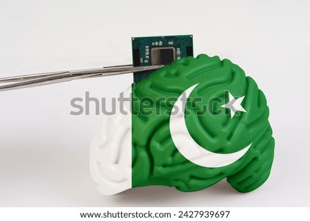 On a white background, a model of the brain with a picture of a flag - Pakistan,a microcircuit, a processor, is implanted into it. Close-up