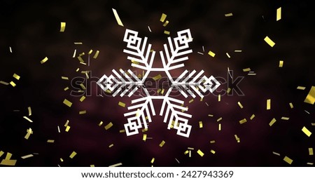 Image of snowflake christmas decoration and confetti on black background. Christmas, tradition and celebration concept digitally generated image.