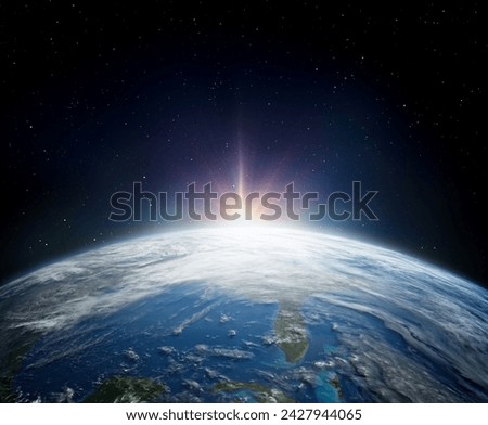 Panoramic view of the Earth, stars and galaxy. Planet Earth, view from space. Space fantasy. Elements of this image furnished by NASA.