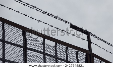 barbed wire and fence against a gray sky.