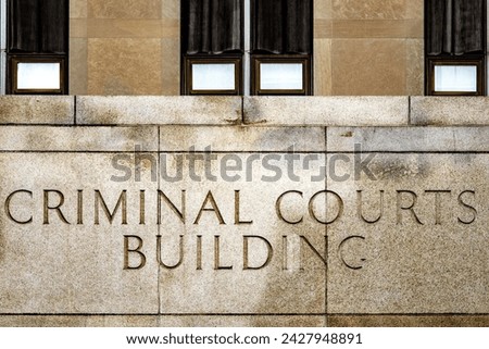 The entrance sign to the criminal court buildings in New York (USA), where criminals are criminally convicted and sentenced by the United States of America.