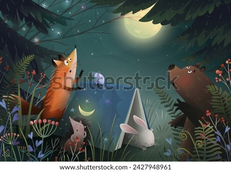 Animals in forest sleeping under a book, looking at stars and full moon. Bear fox rabbit and porcupine read a good night book in nature before sleep. Vector children illustration in watercolor style.