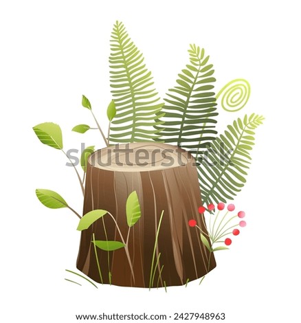 Stump in the forest, isolated tree trunk in nature with grass and plants. Tree stump and grass with berries, nature objects for kids story. Vector children illustration in watercolor style. Royalty-Free Stock Photo #2427948963