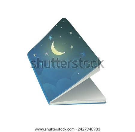 Open book with good night story lullaby, moon and stars on the book cover. Cute bed time library for kids, night time story. Vector isolated clip art illustration in watercolor style for children.