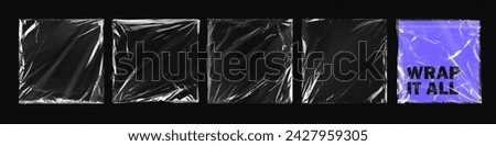 Plastic packaging texture overlay effect. Torn crumpled polyethylene wrap for vinyl or cd cover. Shrink wrinkled cellophane old record sleeve, vector illustration Royalty-Free Stock Photo #2427959305