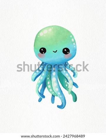 Underwater creatures, jellyfish. Watercolor hand drawn clipart. Cartoon illustration