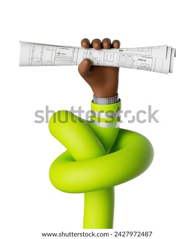 3d render. Funny cartoon flexible knotted arm holds blueprint scroll. Professional architect or builder with document. Elastic tangled hand isolated on white background. Renovation service clip art