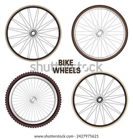 Realistic 3d retro bicycle wheels. Vintage bike rubber tyres, shiny metal spokes and rims. Fitness cycle, touring, sport, road and mountain bike. Vector illustration