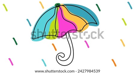 Line Art colorful Umbrella with rain. Cute vector hand drawn illustration done in blue, orange, green, pink colors. Isolated on white background. For cards, banners, wallpaper, textile, business