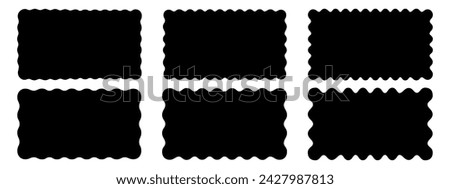Set or rectangular shapes with squiggly borders. Tags, labels, stamps, crackers, coupons rectangle boxes with curvy, wiggly, wavy edges isolated on white background. Vector flat illustration. Royalty-Free Stock Photo #2427987813