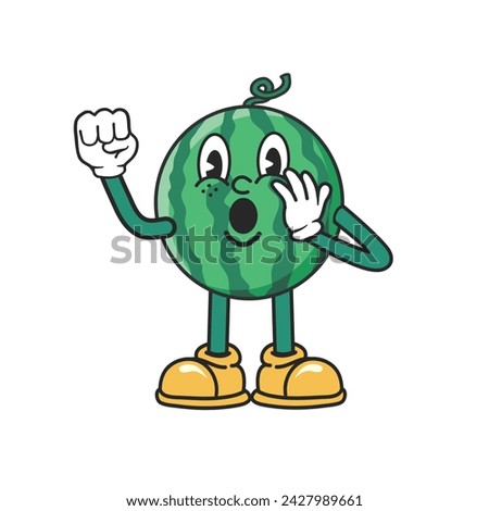 Funny watermelon cartoon character, raised fist. Watermelon mascot wearing glove and shoes. Groovy Retro cartoon characters for icon, mascot, logo, label, poster, banner, print, sticker, clip art