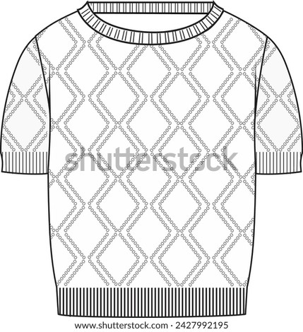 Women's Short Sleeve Pointelle Crop Jumper- Technical fashion illustration. Front, white colour. Women's CAD mock-up. Royalty-Free Stock Photo #2427992195