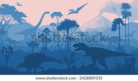 vector tropical forest with Stegosaurus, Tyrannosaurus, triceratops, Parasaurolophus,  Brachiosaurus and pterodactyl Royalty-Free Stock Photo #2428009335