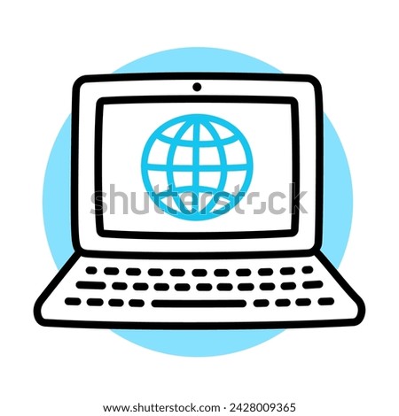 Hand drawn doodle laptop icon with internet symbol. Online communication, cute cartoon drawing. Vector clip art illustration.