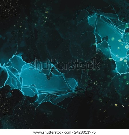 Abstract blue liquid watercolor background with golden stains. Cyan marble alcohol ink drawing effect. Turquoise geode with kintsugi. Vector illustration design template for wedding invitation.