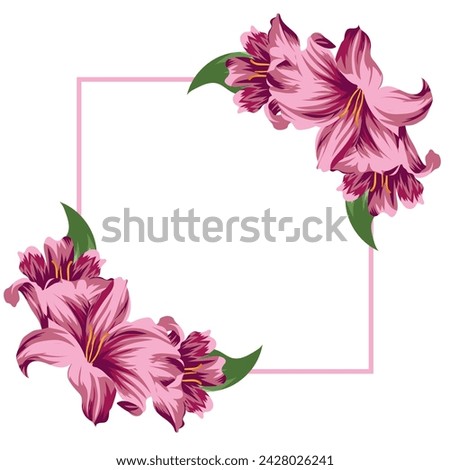 festive, conceptual poster with a square frame in the middle with open pink lilies on both sides of the frame, for cards, invitations or banners