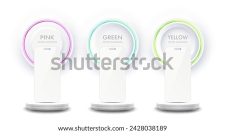 Realistic smartphone mockup with pink, blue, green and yellow illuminated neon lighting circle frames.  Round circle with a mobile phone glowing laser gradient light abstract banner. Vector.
