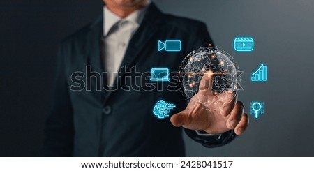 service generate content by AI concept. businessman touch global AI, marketer education, research, analyze media video streaming content creation, online marketing strategy to grow digital business. Royalty-Free Stock Photo #2428041517