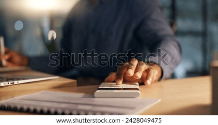 Calculator, hands and business man with finance, tax and budget work in a office. Investment, accountant and savings plan consultant with computer and numbers for calculations and accounting report