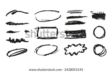 Abstract charcoal drawn frames, doodle highlight elements, dirty lines, pencil textured underline collection. Ink circles, ellipses, rectangles with torn edges. Vector grungy clip art.