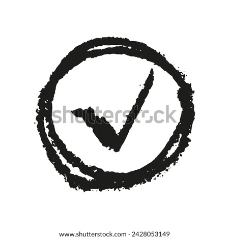 Check mark drawn in charcoal. Approve sign, freehand grunge stamp. Ok sign in graffiti style. Brush stroke. Vector illustration.