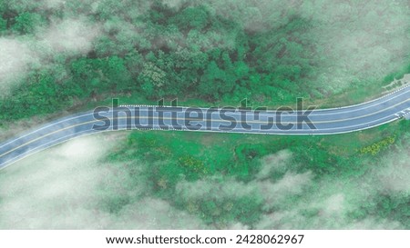 Aerial view of car travel on road and dark green forest and fog clouds. Natural landscapes and high traffic roads Adventure travel and environmental transportation concept