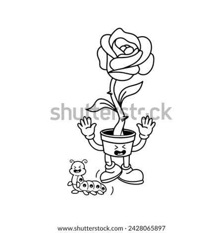 vintage style groovy cartoon character rose plant pot illustration.caterpillar. vector