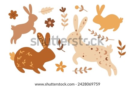 Boho Easter bunny clipart. Happy Easter clip art in flat style, perfect for scrapbooking, stickers, tags, greeting cards, party invitations, decor. Hand drawn vector illustration.