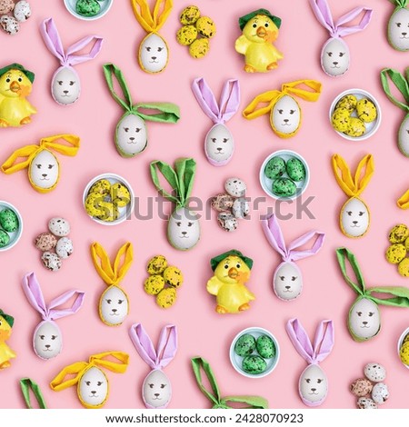 Cute Easter eggs with colorful Bunny Ears and smile on faces on Pink Background, Creative Flat lay pattern, holiday concept. Festive decoration idea for wooden eggs, Top view craft funny Easter Bunny 