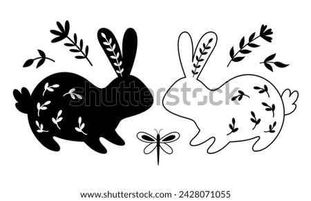Black and white Easter bunny clipart. Happy Easter clip art in flat style. Hand drawn vector illustration.