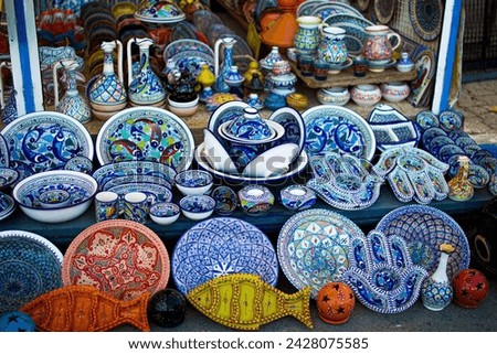 Traditional ceramics and earthenware sold in a shop in Sidi Bou Said, Tunisia.