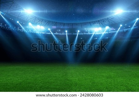 beautiful sports stadium with a green grass field shines with blue spotlights at night with stars. Sports tournament, world championship