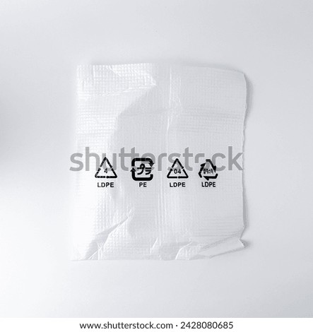 4 LDPE plastic waste wrap classification. Protector sheet from new electronic object. Object photography isolated on white studio background.