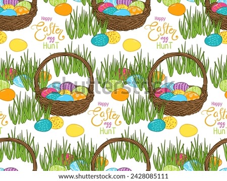 Easter egg hunt seamless pattern. Painted eggs Basket, green grass, hidden colored eggs background for poster, cover, postcard, wrapping paper, holiday decoration, greeting card, package design