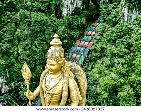 Drone high capture picture of lord Murugan , batu caves Malaysia. 
tallest Murugan statue located in Malaysia. 