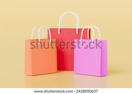 colorful shopping bags icon. for online advertisement concept. customers buy product and take back to home. isolated on yellow background. 3d render.