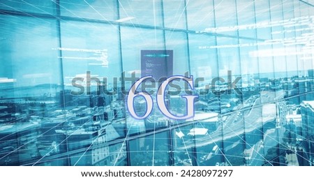 Image of 6g text, data processing and cityscape. Global business, finance, computing and data processing concept digitally generated image.