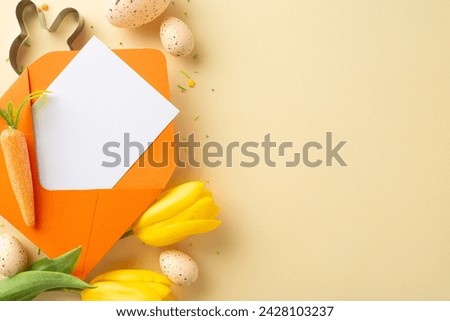 Easter preparation in full swing: top-view photo featuring a bunny note, eggs, baking shape, bunny carrot, sweet sprinkles, tulips, all set against gentle beige background with space for your message
