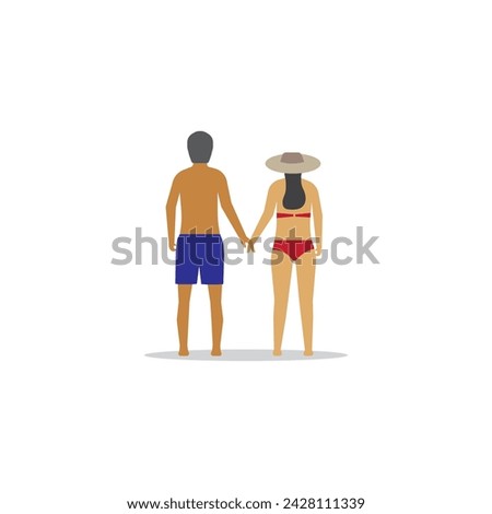 Simple flat illustration of romantic couple holding hand each other, behind scene of love standing or walking at the beach outside relaxation concept, editable object individual design and text