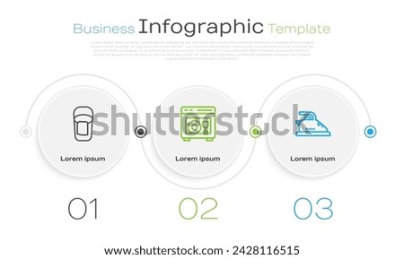 Set line Bucket with rag, Dishwasher machine and Electric iron. Business infographic template. Vector Royalty-Free Stock Photo #2428116515