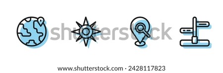Set line Search location, Location the globe, Wind rose and Road traffic sign icon. Vector
